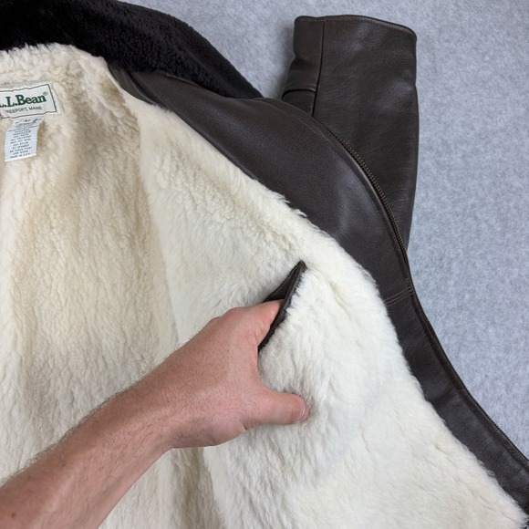 Vtg LL Bean Jacket Mens Medium Brown Leather Sherpa Pile Lined Bomber 90s USA - Picture 6 of 14